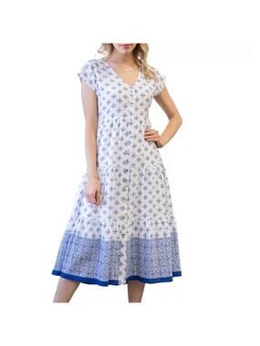 NWT Blue Pepper Geometric Print Midi Dress Blue White Tiered V-Neck Summer Sz M